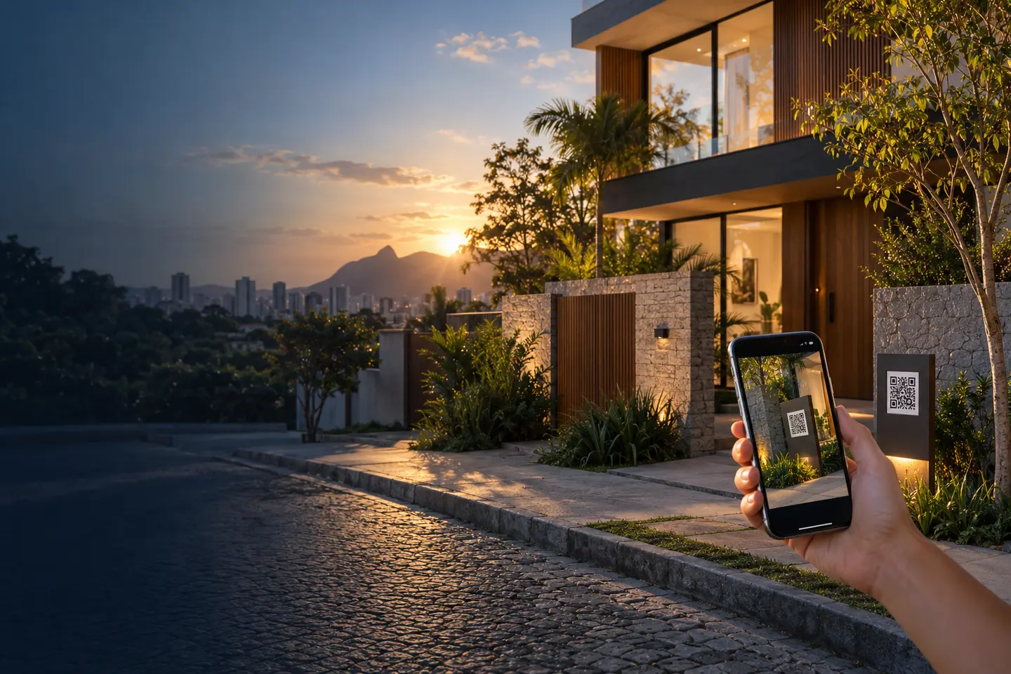Casa contemporânea com uma pessoa acessando o anúncio pelo celular